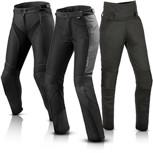 Three black leather motorcycle trousers with protectors and stretch zones for sporty riding.